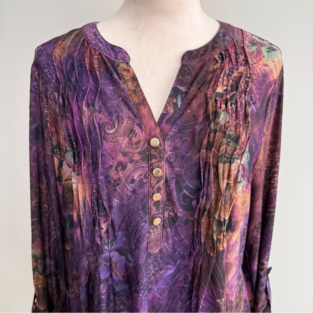 New Direction Top Tunic L Dark Floral Popover Pleated Asymmetrical Whimsigoth - Picture 4 of 6
